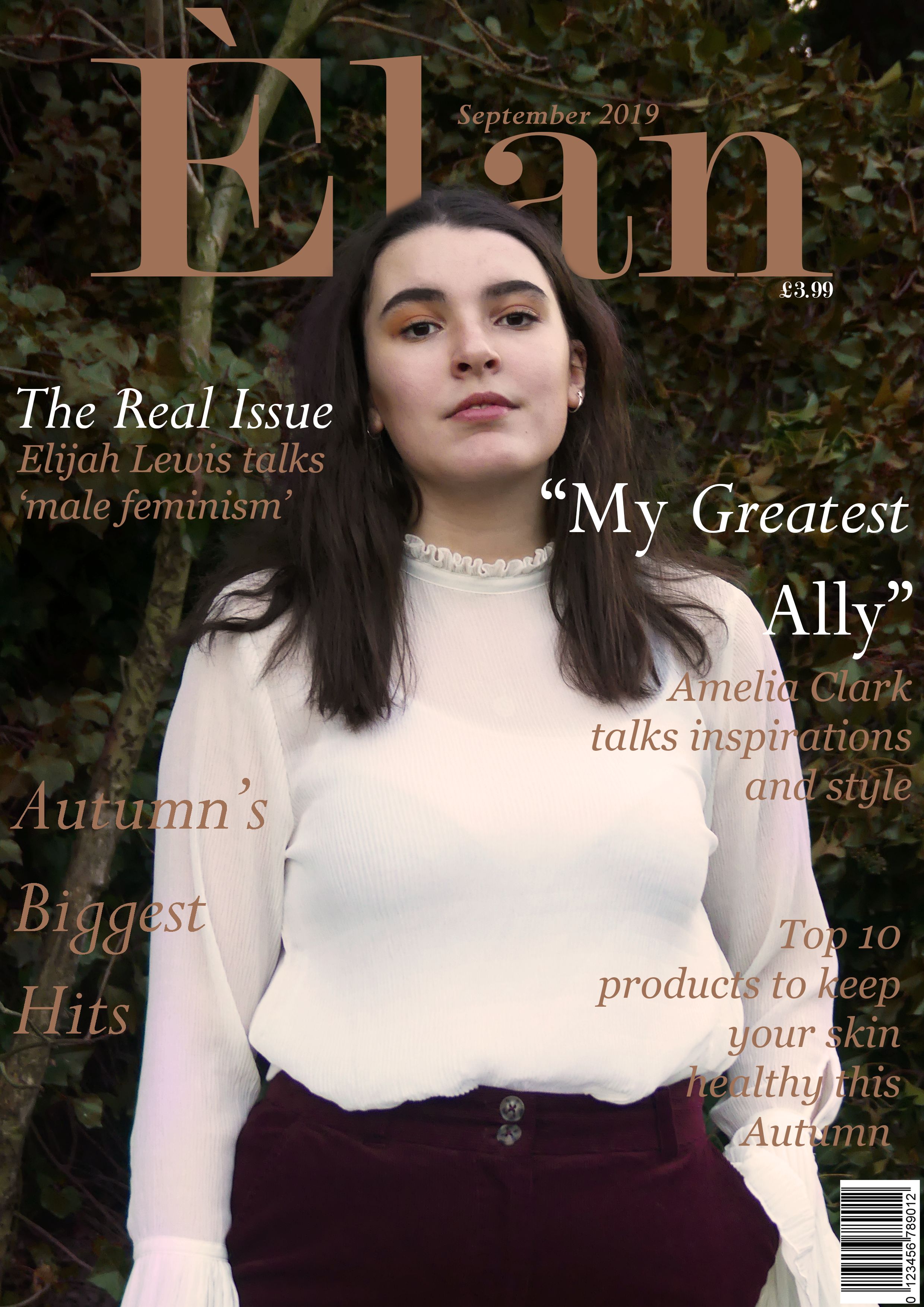 The magazine cover for 'Elan Magazine' featuring the model in the centre in front of greenery. The main article featured in the magazine is called 'My greatest Ally', other articles include 'The Real Issue', 'Autumns Biggest Hits', and 'Top 10 Products to Keep Your Skin Healthy This Autumn' 